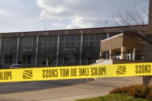 Police tape is seen outside Franklin Regional High School after a series of knife attacks in Murrysville, Pennsylvania April 9, 2014.  CREDIT: REUTERS/SHANNON STAPLETON