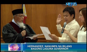 Laguna Vice-Governor Ramil Hernandez takes his oath Tuesday (May 27) as new Laguna governor before the Commission on Elections which had earlier disqualified incumbent Gov. ER Ejercito for alleged election overspending.  (Eagle News Service)