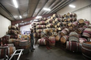 Andrew Brooks (C), associate winemaker of Bouchaine Vineyards, surveys fallen wine barrels after a 6.0 earthquake in Napa, California August 24, 2014.  CREDIT: REUTERS/STEPHEN LAM