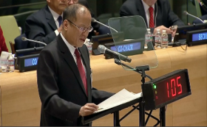 President Aquino addresses the United Nations Climate Summit in New York, urging a more concerted global action to address the problem of climate change. (Courtesy Reuters/ photo grabbed from Reuters video)