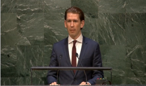 AT a U.N. review conference of the 1970 nuclear Non-Proliferation Treaty, Austria's Foreign Minister, Sebastian Kurz, calls for a ban on nuclear weapons, a move backed by 159 countries.  (Photo grabbed from Reuters video/Courtesy Reuters)