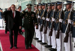 President Benigno S. Aquino III, accompanied by Armed Forces of the Philippines Chief of Staff General Gregorio Pio Catapang, Jr., review the honor guards during the send-off ceremony at the Ninoy Aquino International Airport Terminal 2 in Pasay City on Sunday (April 26) to join fellow ASEAN Leaders in attending the 26th ASEAN Summit in Kuala Lumpur and Langkawi, Malaysia. (Photo by Benhur Arcayan/ Malacañang Photo Bureau)