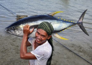 ALL IN A DAY’S WORK. A 42-kilogramme yellowfin tuna (Thunnus albacares) is the prized catch of this fisher from the Philippines. WWF, Philips and the Municipality of San Jose have partnered to illuminate the San Jose Port, a tuna landing site with solar-powered LED lights. (Gregg Yan / WWF-Philippines)  