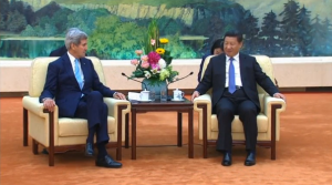 U.S. Secretary of State John Kerry met with Chinese President Xi Jinping in Beijing on Sunday (May 17).  (Photo grabbed from Reuters video/Courtesy Reuters)