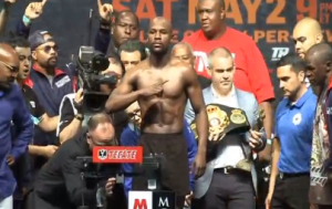 Floyd Mayweather Jr., during his weigh-in. (Photo grabbed from Reuters video/Courtesy Reuters)