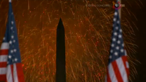 Fireworks light up the sky around the National Mall in Washington D.C. as the United States celebrates Independence Day. (Courtesy PBS/A Capitol Fourth)