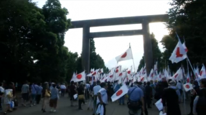 Japan's nationalists march to the Yasukuni war shrine to mark the 70th anniversary since the end of World War Two. (Photo grabbed from Reuters video)