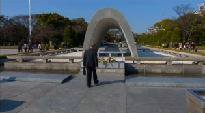 Atomic bomb survivor and former head of the nuclear museum, Hiroshi Harada, walking up to Hiroshima Peace Park Memorial (Photo grabbed from Reuters video)