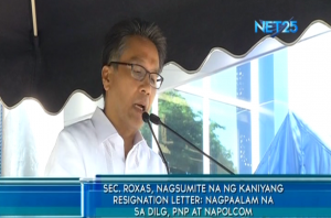 Interior and Local Government Secretary Mar Roxas delivers his farewell message to the members of the Philippine National Police in Camp Crame during the traditional flag-raising activity on Monday, Aug.3, 2015. (Eagle News Service)