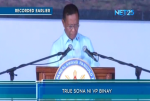 Vice-President Jejomar Binay delivers what he calls the "true state of the nation address" in Cavite, a week after President Aquino delivered his official SONA in Congress.  (Eagle News Service)