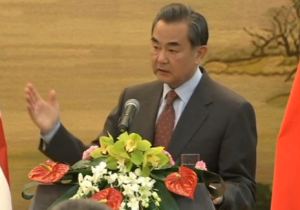 Chinese Foreign Minister Wang Yi urges the United States to play a constructive role in dealing with the South China Sea.  (Photo grabbed from CCTV  video)