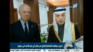 U.N. special envoy for Syria Staffan de Mistura and Saudi Foreign Minister Adel al-Jubeir during a press interview after their meeting