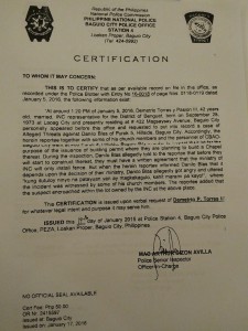 Sa police certification na ito ay inireport na ang unang insidente ng pagbabanta ni Danilo Blas sa mga kaanib ng INC. (Eagle News Service)