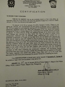 Ang ginawang panghaharang ng pamilya Blas sa delivery ng construction materials para sa pagtatayo ng kapilya ng Iglesia Ni Cristo ay nakalahad sa police certification na ito. (Eagle News Service)