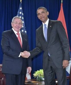 (FILES) This file photo taken on September 29, 2015 shows US President Barack Obama(R) as he shakes hands with Cuba's President Raul Castro during a bilateral meeting on the sidelines of the United Nations General Assembly at UN headquarters in New York. President Barack Obama announced February 18, 2016 he and First Lady Michelle Obama will make a landmark visit to Cuba on March 21-22, pledging to address human rights as America pursues a historic thaw with its former Cold War foe. / AFP / MANDEL NGAN