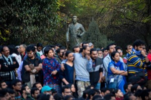 Indian students and activists listen to open lectures near the statue of Jawaharlal Nehru at Jawaharlal Nehru University (JNU) in New Delhi on February 22, 2016. Five students wanted in a controversial sedition case that has triggered some of India's biggest student protests for years emerged from hiding on February 22 and said they were prepared to face justice. Police have been searching for the five since February 12, when they arrested student union leader Kanhaiya Kumar for sedition over a rally at which anti-India slogans were shouted.AFP PHOTO / CHANDAN KHANNA / AFP / Chandan Khanna