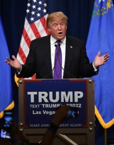 LAS VEGAS, NV - FEBRUARY 23: Republican presidential candidate Donald Trump speaks at a caucus night watch party at the Treasure Island Hotel & Casino on February 23, 2016 in Las Vegas, Nevada. The New York businessman won his third state victory in a row in the "first in the West" caucuses.   Ethan Miller/Getty Images/AFP