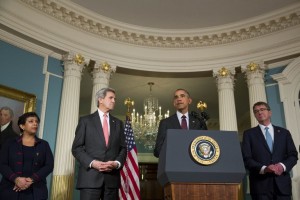 (L-R) Attorney General Loretta Lynch, Secretary of State John Kerry and Secretary of Defense Ash Carter look on as U.S. President Barack Obama makes a statement after meeting with his National Security Council at the State Department, February 25, 2016 in Washington, DC. The meeting focused on the situation with ISIS and Syria, along with other regional issues.   Drew Angerer/Getty Images/AFP