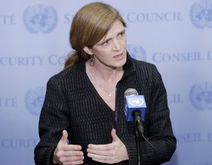 Samantha Power, Permanent Representative of the United States of America to the UN, speaks to journalists following closed Security Council consultations on the serious situation arising from the launch using ballistic missile technology conducted by North Korea on February 7, 2016. The UN Security Council strongly condemned North Korea's rocket launch on Sunday and agreed to move quickly to impose new sanctions that will punish Pyongyang for "these dangerous and serious violations." With backing from China, Pyongyang's ally, the council again called for "significant measures" during an emergency meeting held after North Korea said it had put a satellite into orbit with a rocket launch. / AFP / SC Stakeout / UN Photo/Evan Schneider / RESTRICTED TO EDITORIAL USE - MANDATORY CREDIT "AFP PHOTO / UNITED NATIONS / EVAN SCHNEIDER" 