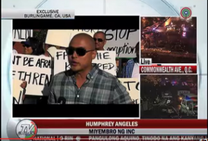 Screen capture of Humphrey Angeles being interviewed during a rally in California against the INC leadership. Note that Humphrey was identified as an INC member, when he was already expelled at that time. (Eagle News Service)