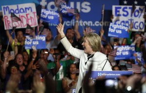 Democratic presidential candidate Hillary Clinton addresses a rally during a campaign event on Super Tuesday in Miami on March 1, 2016. Democrat Hillary Clinton scored a string of early wins on Super Tuesday, US networks projected, putting her closer to the presidential nomination. / AFP / RHONA WISE