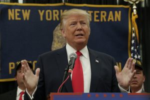 Republican presidential candidate Donald Trump speaks during a press conference with the New York Veteran Police Association in Staten Island, New York on April 17,2016. / AFP PHOTO / KENA BETANCUR