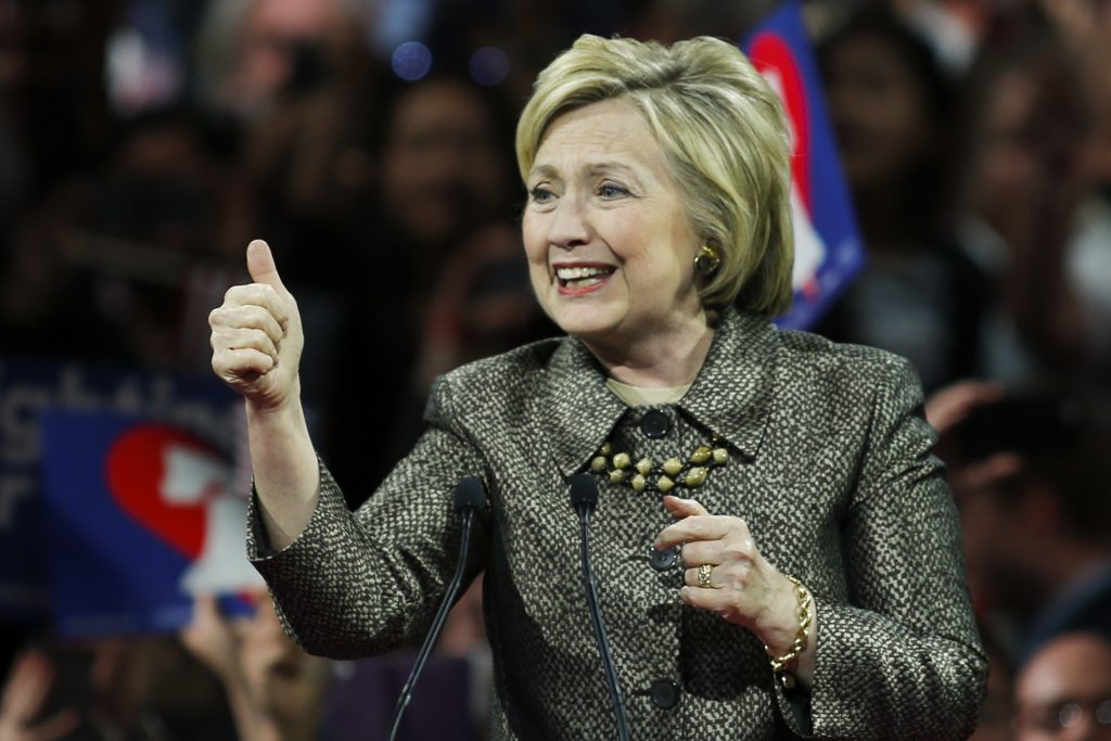 Democratic presidential candidate Hillary Clinton addresses supporters during a primary night event on April 26, 2016 in Philadelphia after winning the Pennsilvania state primary. Voters cast ballots in five northeastern states, with frontrunners Hillary Clinton and Donald Trump both looking to overwhelm their respective Democratic and Republican rivals in the race for the White House. / AFP PHOTO / EDUARDO MUNOZ ALVAREZ