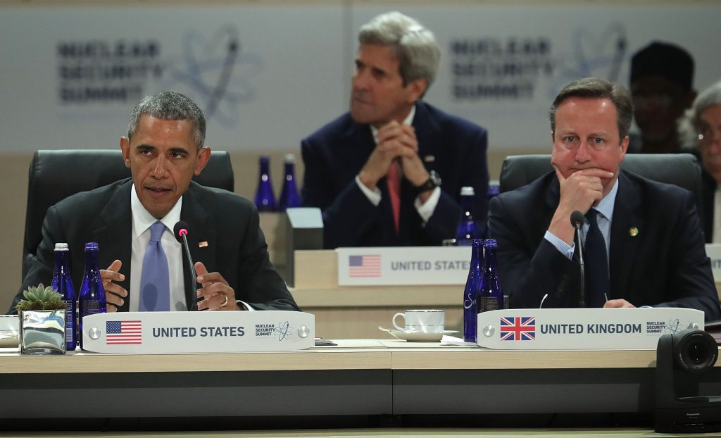 WASHINGTON, DC - APRIL 01: U.S. President Barack Obama (L) speaks as Secretary of State John Kerry (2nd L) and Prime Minister of the United Kingdom David Cameron (R) listen during a scenario-based policy discussion of the 2016 Nuclear Security Summit April 1, 2016 in Washington, DC. U.S. President Barack Obama is hosting the fourth and final in a series of summits to highlight accomplishments and make new commitments towards reducing the threat of nuclear terrorism. Alex Wong/Getty Images/AFP