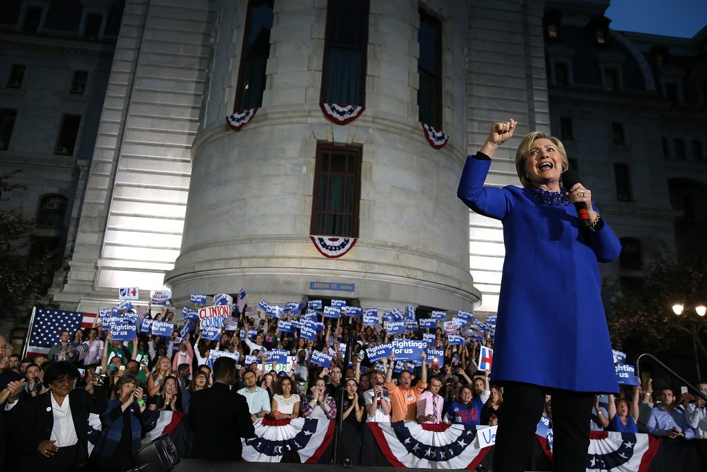 PHILADELPHIA, PA - APRIL 25: Democratic presidential candidate former Secretary of State Hillary Clinton speaks during a Get Out the Vote rally at Philadelphia City Hall on April 25, 2016 in Philadelphia, Pennsylvania. Hillary Clinton is campaigning in Deleware and Pennsylvania ahead of Tuesday's presidential primaries.   Justin Sullivan/Getty Images/AFP