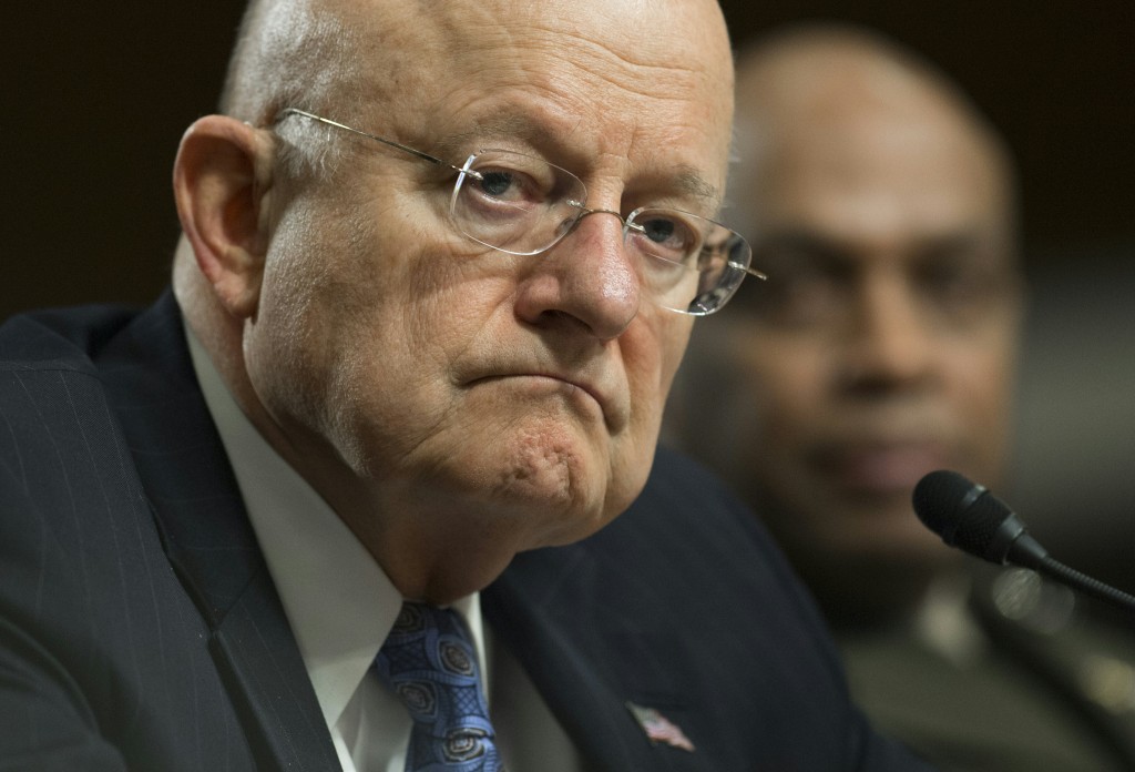 James Clapper (L), director of National Intelligence, and Marine Corps Lt. Gen. Vincent Stewart, director of the Defense Intelligence Agency, testify during a Senate Armed Services Committee hearing on Capitol Hill in Washington, DC, February 9, 2016. The global threat posed by the Islamic State group is still rising but US-based homegrown extremists pose the biggest danger to the homeland, Washington's top spy said February 9. In a report prepared for US lawmakers before he was due to address a Senate panel, Director of National Intelligence James Clapper said US-based extremists pose "the most significant Sunni terrorist threat."  / AFP PHOTO / Saul LOEB