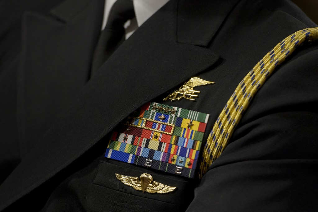 A Navy Seal's Trident is seen during a hearing of the Senate Armed Services Committee Senate Armed Services Committee March 8, 2016 in Washington, DC. The Senate Armed Services Committee heard testimony from the head of the US military effort against the Islamic State group in Iraq and Syria, as well as generals in charge of Africa and the Special Forces. / AFP PHOTO / Brendan Smialowski