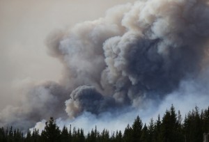 Flames rise off Highway 63 on May 7, 2016 outside Fort McMurray, where raging forest fires have forced more than 88,000 from their homes. A ferocious wildfire wreaking havoc in Canada was expected to double in size May 7, 2016, officials warned, cautioning that the situation in the parched Alberta oil sands region was "unpredictable and dangerous." / AFP PHOTO / Cole Burston/