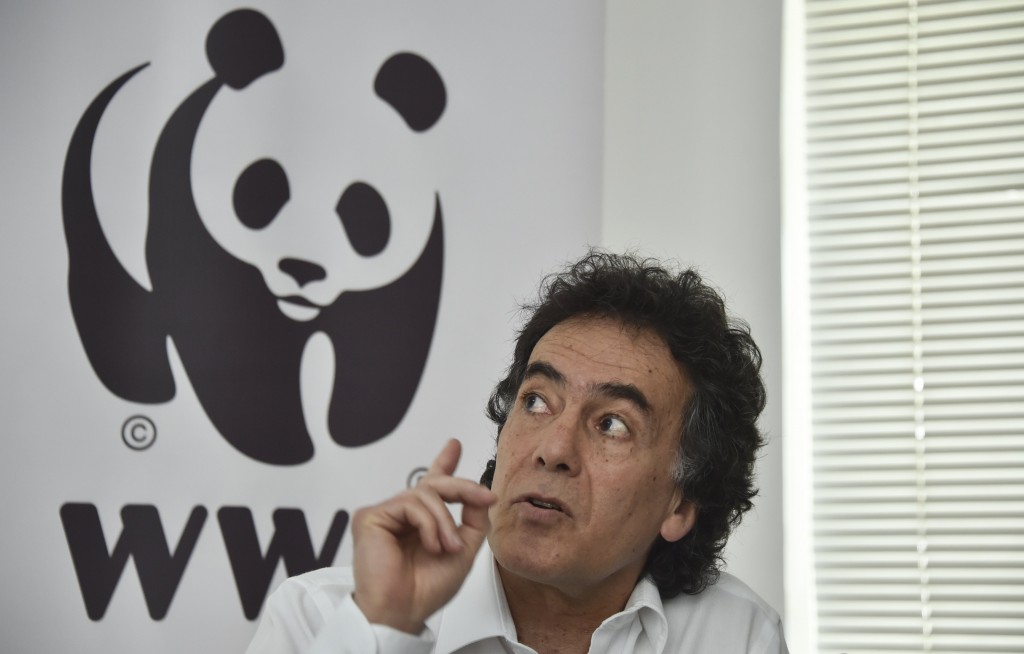 Mexico's General Director of World Wide Fund for Nature (WWF) Omar Vidal speaks during a press conference in Mexico City on May 16, 2016.  Environmentalists of WWF warned that Mexico's "vaquita marina", the world's smallest porpoise, was close to extinction as the government reported that only 60 were now left. / AFP PHOTO / YURI CORTEZ