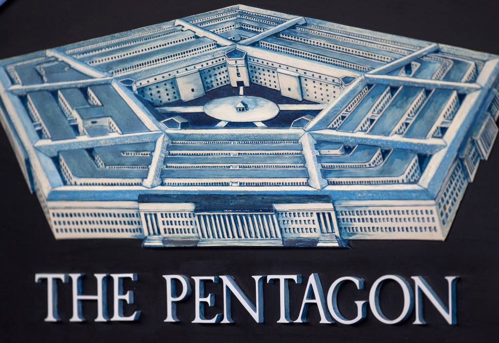 The Pentagon logo seen during a media briefing October 21, 2014, in the Press Room of the Pentagon in Washington. AFP PHOTO/Paul J. Richards / AFP PHOTO / PAUL J. RICHARDS