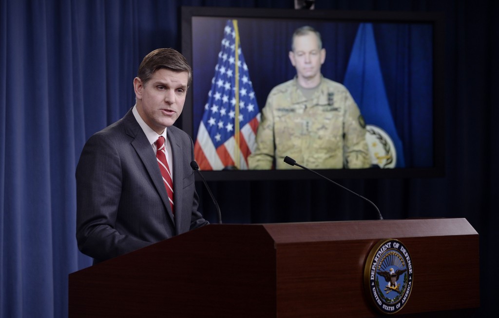 ARLINGTON, VA - FEBRUARY 1: Pentagon Press Secretary Peter Cook speaks as Combined Joint Task Force Commander Army Lt. Gen. Sean MacFarland listens via teleconference from Baghdad, Iraq during a media briefing at the Pentagon to update operations on Operation Inherent Resolve on February 1, 2016 in Arlington, Virginia. It was reported that U.S. and coalition military forces have continued to attack Islamic State of Iraq and the Levant terrorists in Syria and Iraq as part of Operation Inherent Resolve.   Olivier Douliery/Getty Images/AFP