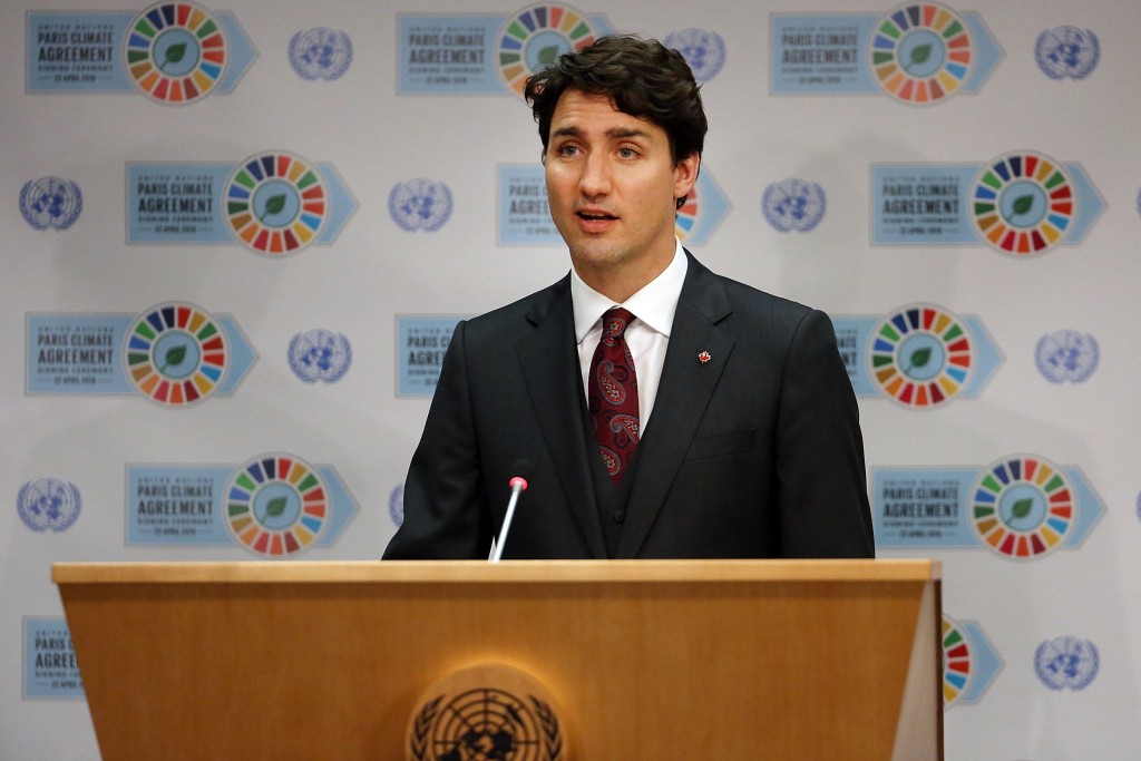 NEW YORK, NY - APRIL 22: Canadian Prime Minister Justin Trudeau speaks at a news conference while attending the United Nations Signing Ceremony for the Paris Agreement climate change accord on April 22, 2016 in New York City. At least 155 countries are expected to sign the agreement which has the goal of limiting warming to "well below" 2 degrees Celsius above preindustrial levels. The ceremony symbolically takes place on Earth Day.   Spencer Platt/Getty Images/AFP