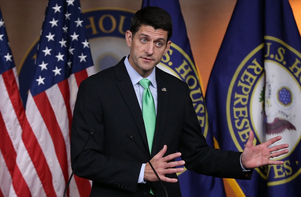 WASHINGTON, DC - APRIL 28: Speaker of the House Paul Ryan (R-WI) answers questions during his weekly news conference at the U.S. Capitol April 28, 2016 in Washington, DC. Ryan touched on a range of issues during his remarks including the recent performance of the U.S. economy. Win McNamee/Getty Images/AFP