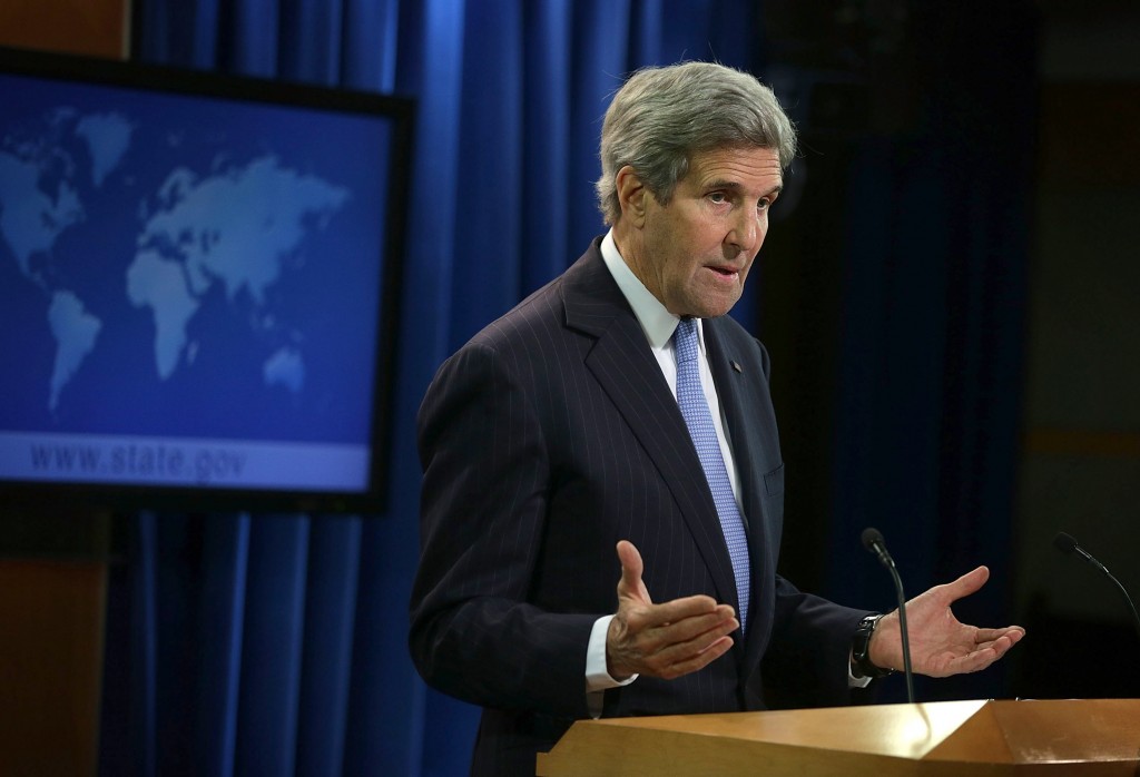 WASHINGTON, DC - MAY 03: U.S. Secretary of State John Kerry speaks to members of the media at the State Department May 3, 2016 in Washington, DC. Secretary Kerry made remarks to mark World Press Freedom Day and discussed the current situation in Syria.   Alex Wong/Getty Images/AFP