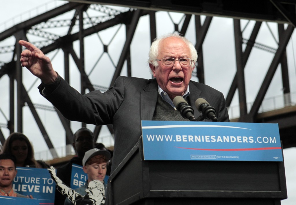 LOUISVILLE, KY - MAY 3: Democratic presidential candidate Bernie Sanders addresses the crowd during a campaign rally at the Big Four Lawn park May 3, 2016 in Louisville, Kentucky. Sanders is preparing for Kentucky's May 17th primary. John Sommers II/Getty Images/AFP