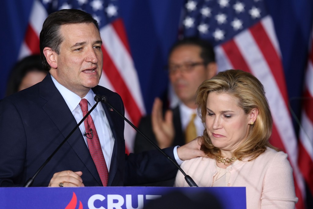 INDIANAPOLIS, IN - MAY 03: Republican presidential candidate, Sen. Ted Cruz (R-TX) announces the suspension of his campaign as wife Heidi Cruz looks on during an election night watch party at the Crowne Plaza Downtown Union Station on May 3, 2016 in Indianapolis, Indiana. Cruz lost the Indiana primary to Republican rival Donald Trump.   Joe Raedle/Getty Images/AFP