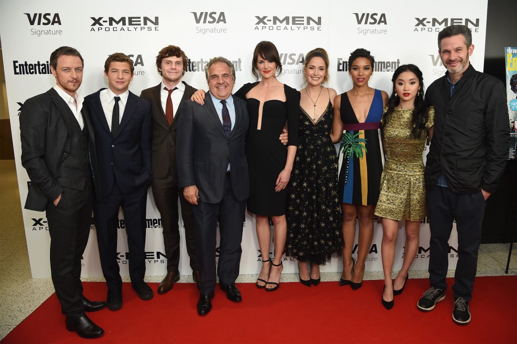 NEW YORK, NY - MAY 24: (L-R) James McAvoy, Tye Sheridan, Evan Peters, Carolina Bartczak, Jim Gianopulos, Rose Byrne, Alexandra Shipp, Lana Condor, and Simon Kinberg attend the "X-Men Apocalypse" New York screening at Entertainment Weekly on May 24, 2016 in New York City.   Jamie McCarthy/Getty Images/AFP