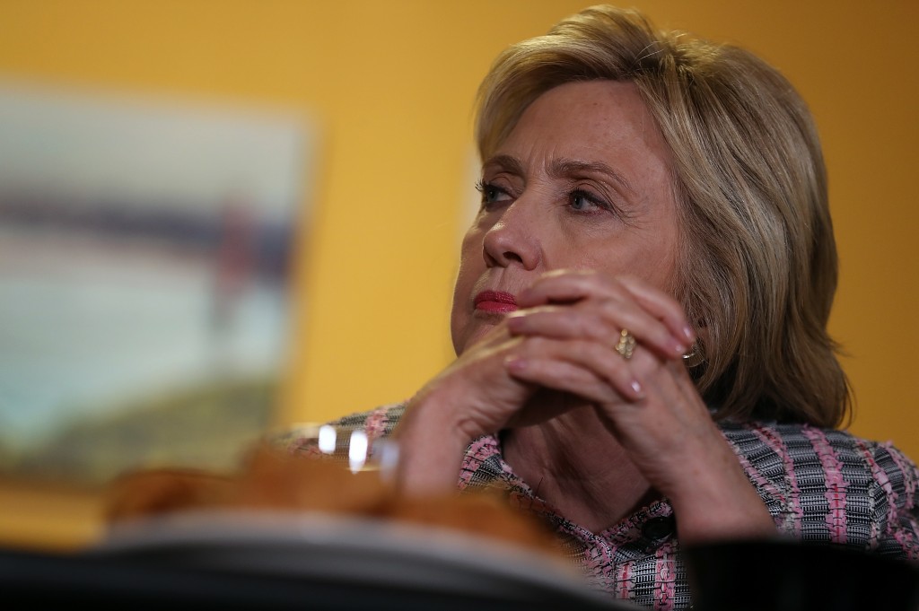 VALLEJO, CA - JUNE 05: Democratic presidential candidate, former Secretary of State Hillary Clinton looks on during a conversation with community leaders on June 5, 2016 in Vallejo, California. The California primary is June 7.   Justin Sullivan/Getty Images/AFP