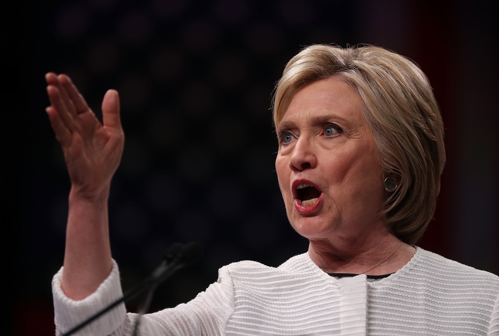 BROOKLYN, NY - JUNE 07: Democratic presidential candidate former Secretary of State Hillary Clinton speaks during a primary night event on June 7, 2016 in Brooklyn, New York. Hillary Clinton surpassed the number of delegates needed to become the Democratic nominee over rival Bernie Sanders with a win in the New Jersey presidential primary   Justin Sullivan/Getty Images/AFP