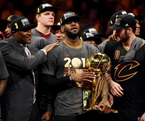  Jun 19, 2016; Oakland, CA, USA; Cleveland Cavaliers forward LeBron James (23) celebrates with the Larry O'Brien Championship Trophy after beating the Golden State Warriors in game seven of the NBA Finals at Oracle Arena. Mandatory Credit: Bob Donnan-USA TODAY Sports 