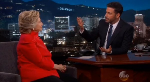 "I do feel sometimes like this campaign has entered into an alternative universe," Hillary Clinton said on ABC's Jimmy Kimmel Live. (Courtesy ABC Studios/Reuters)