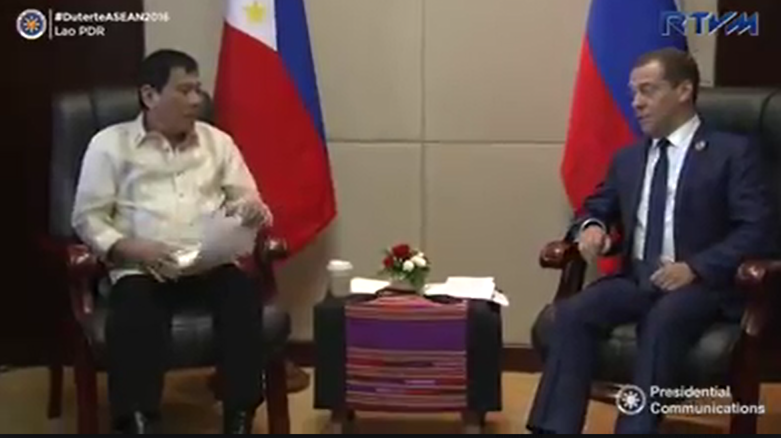 Philippine president Rodrigo Duterte meets with Russian Federation Prime Minister Dmitry Medvedev on the final day of the 28th and 29th Association of Southeast Asian Nations (ASEAN) Summits and Related Summits in Vientiane, Lao People’s Democratic Republic on September 8, 2016.  (Photo grabbed from RTVM video)