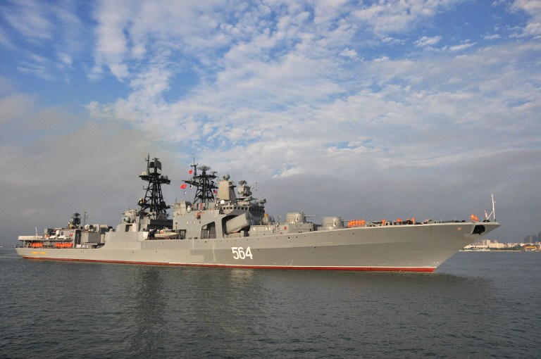 This picture taken on September 12, 2016 shows the Russian destroyer Admiral Tributs arriving at Zhanjiang port in Chinas southern Guangdong province.  Russian navy ships arrived for eight-day joint military exercises with the Chinese navy  in the South China Sea, in a show of force after an international tribunal invalidated the Asian giant's extensive claims in the region. / AFP PHOTO / STR / China OUT