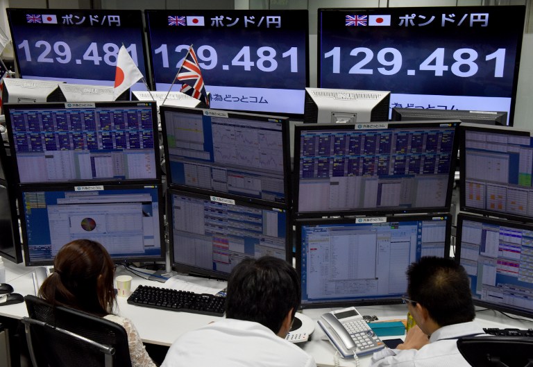 (File photo) Traders ckeck computer screens showing the Japanese yen rate against the British pound at a brokerage in Tokyo on October 7, 2016./ AFP PHOTO / TORU YAMANAKA