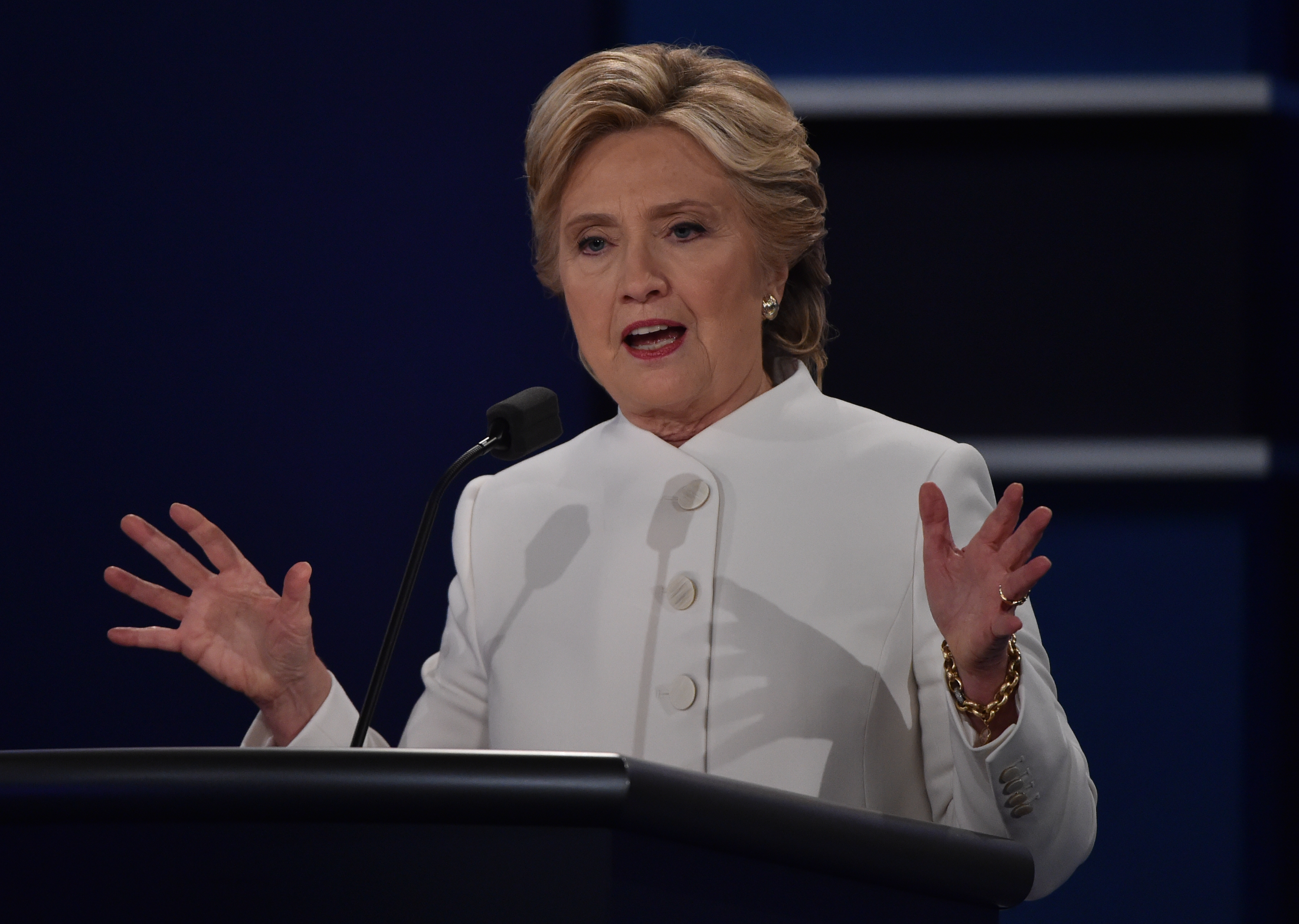 Democratic presidential nominee Hillary Clinton speaks during the third and final US presidential debate with Republican nominee Donald Trump at the Thomas & Mack Center on the campus of the University of Las Vegas in Las Vegas, Nevada on October 19, 2016. / AFP PHOTO / Paul J. Richards