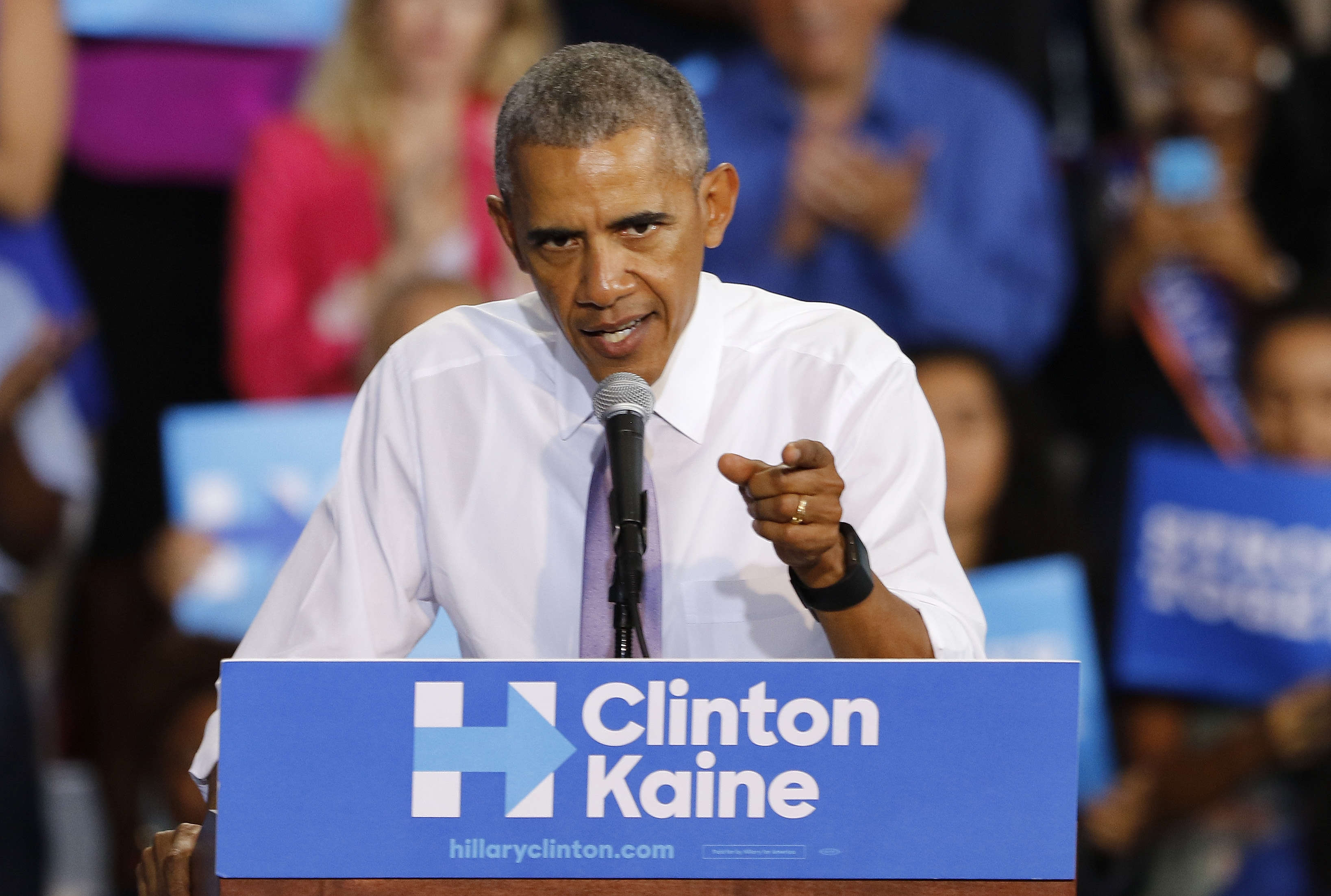 MIAMI GARDENS, FL - OCTOBER 20: U.S. President Barack Obama speaks at a campaign event for Democratic presidential candidate Hillary Clinton at Florida Memorial University on October 20, 2016 in Miami Gardens, Florida. Obamas campaign stop was previously scheduled for earlier this month but was postponed due to Hurricane Matthew.   Joe Skipper/Getty Images/AFP